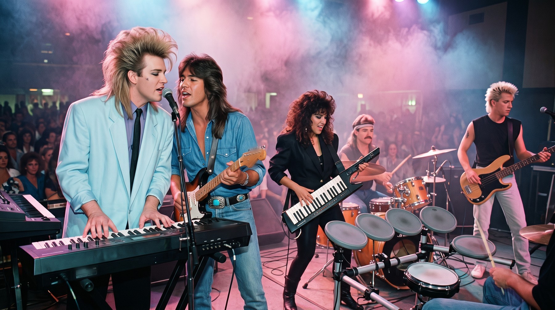 A five-piece band on a civic-center stage in pink and blue haze